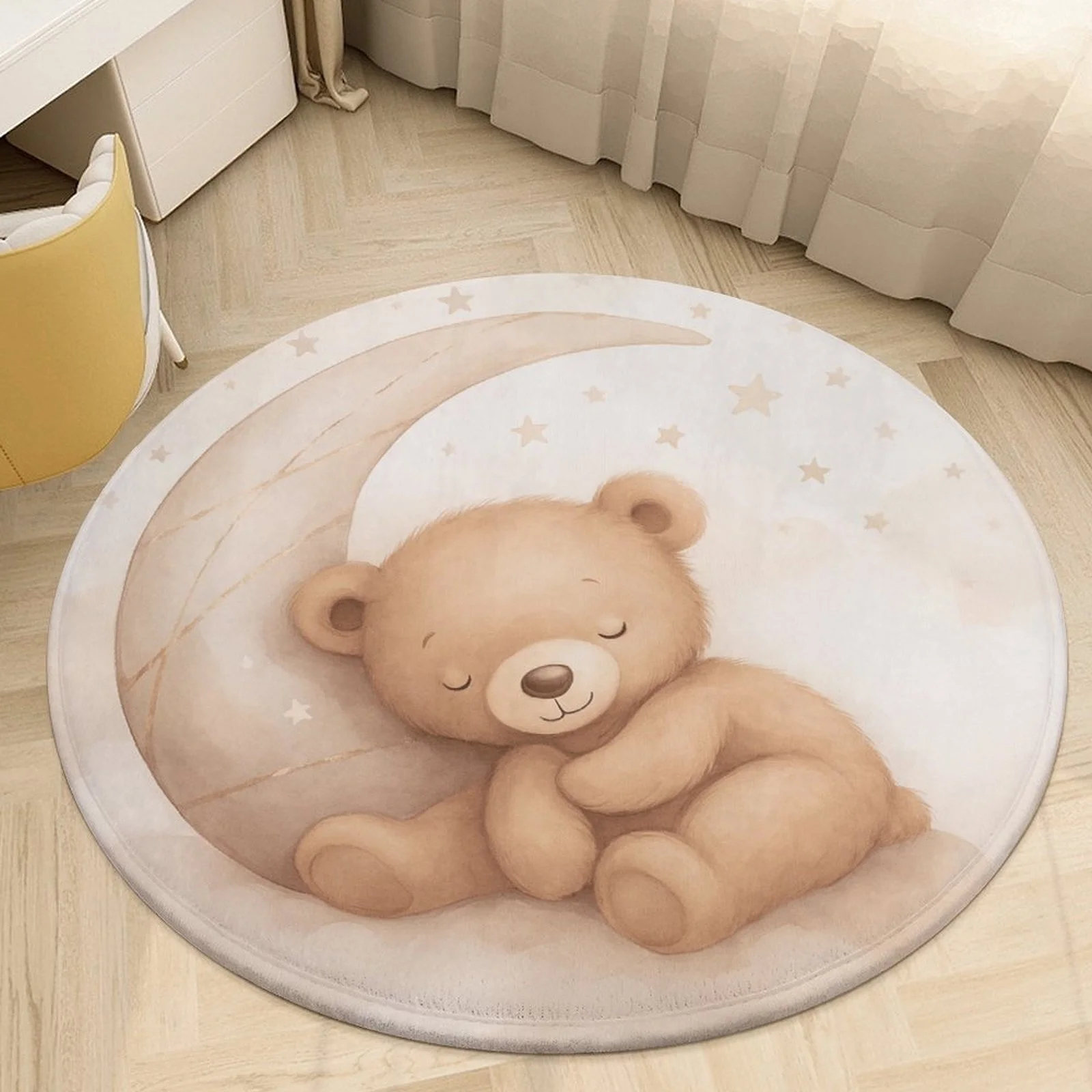 Adorable Teddy Bear Moon Plush Round Rug Mat for Nursery Kids Room Decor Soft Fleece Polyester Machine Washable Baby Gift Floor