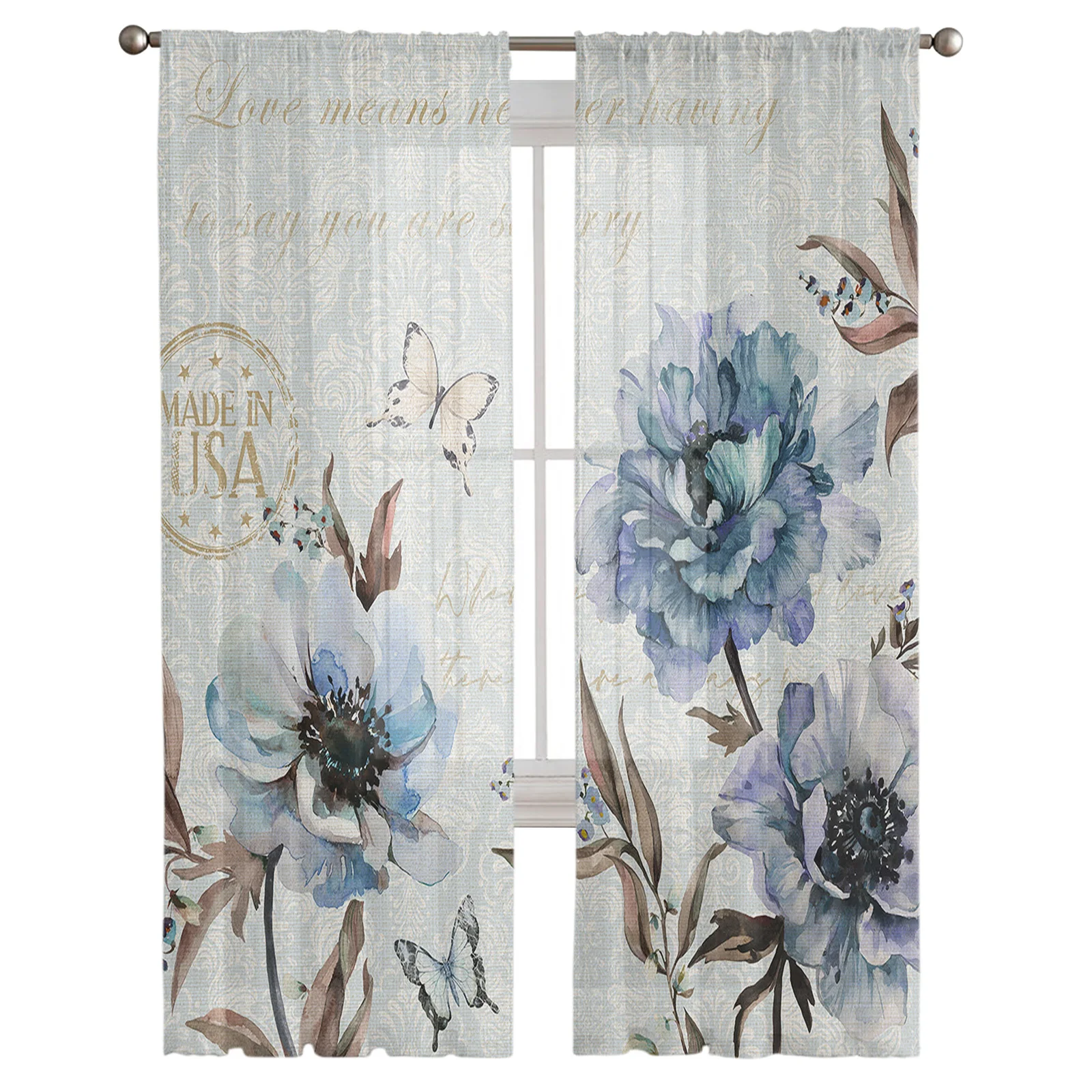 Retro Flower Butterfly Blue Peony Window Treatment Tulle Modern Sheer Curtains for Kitchen Living Room Bedroom Curtains Decor