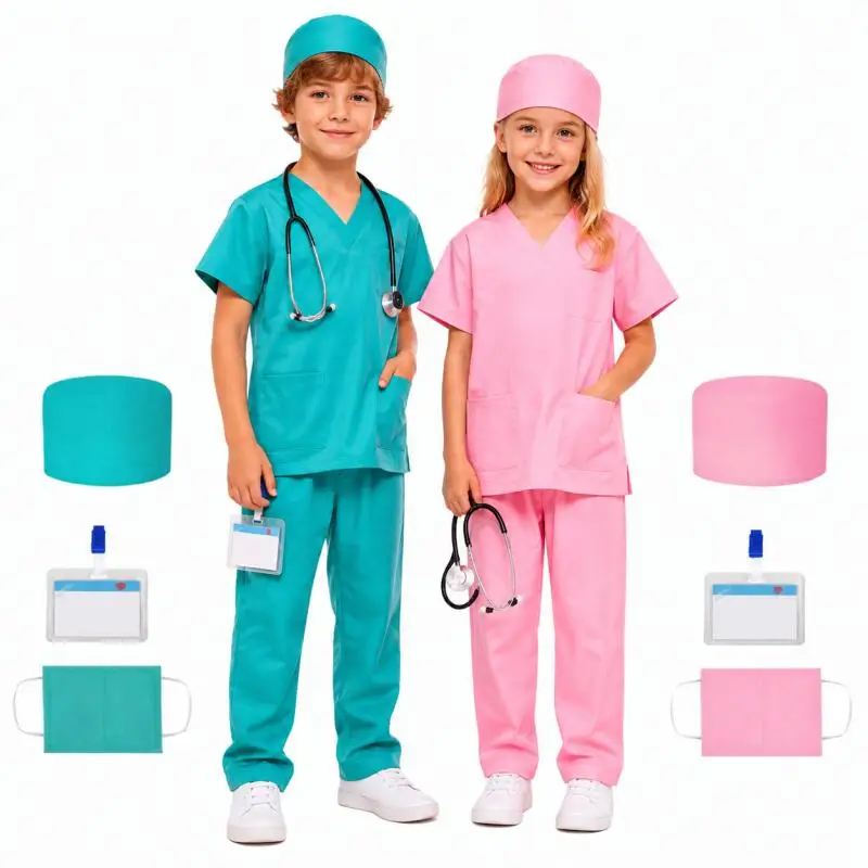 Kids Doctor Scrubs Costume Set for Boys Girls Surgeon Nurse Cosplay Outfits with Stethoscope Cap Mask ID Card Halloween Clothing