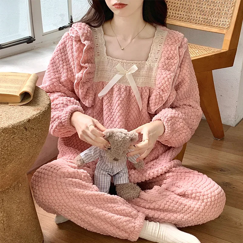 Winter Coral Fleece Pajamas Set Thicken Flannel Female Sleepwear Coral Fleece Loungewear Trouser Suits Pijamas Sweet Homewear 4