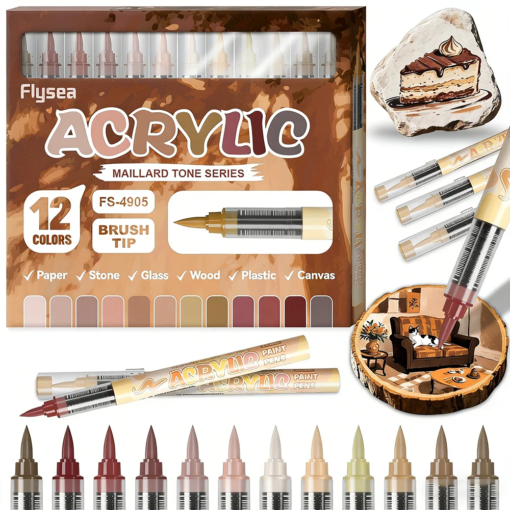 

Maillard Tone Acrylic Paint Pens Flexible Brush Tip Acrylic Markers for Adult Coloring Books Wood Rock Painting Canvas Ceramic