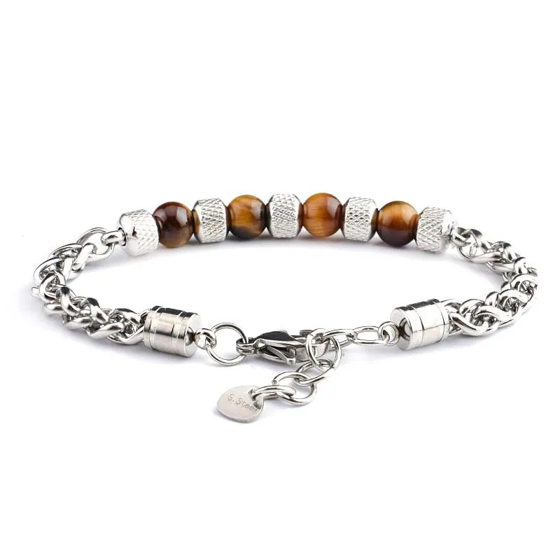 Stainless Steel Adjustable Chain Link Wristband Tiger Eye Bead Bracelet for Men Women Gift