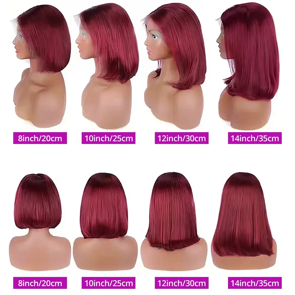 8 Polegada curto bob peruca 99j borgonha cabelo humano peruca dianteira do laço 13x4 cabelo hd peruca dianteira do laço brasileiro remy cor vermelha para mulher