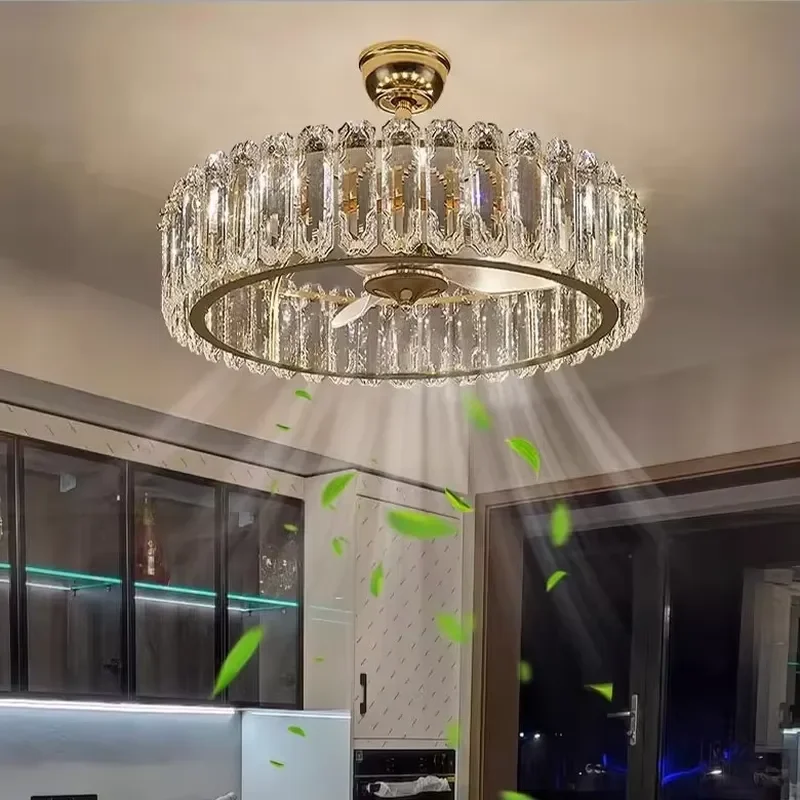 French Cream Style K9 Crystal Electroplated Fan Chandelier, Modern Simple Lighting for Living Room, Dining Room, Bedroom