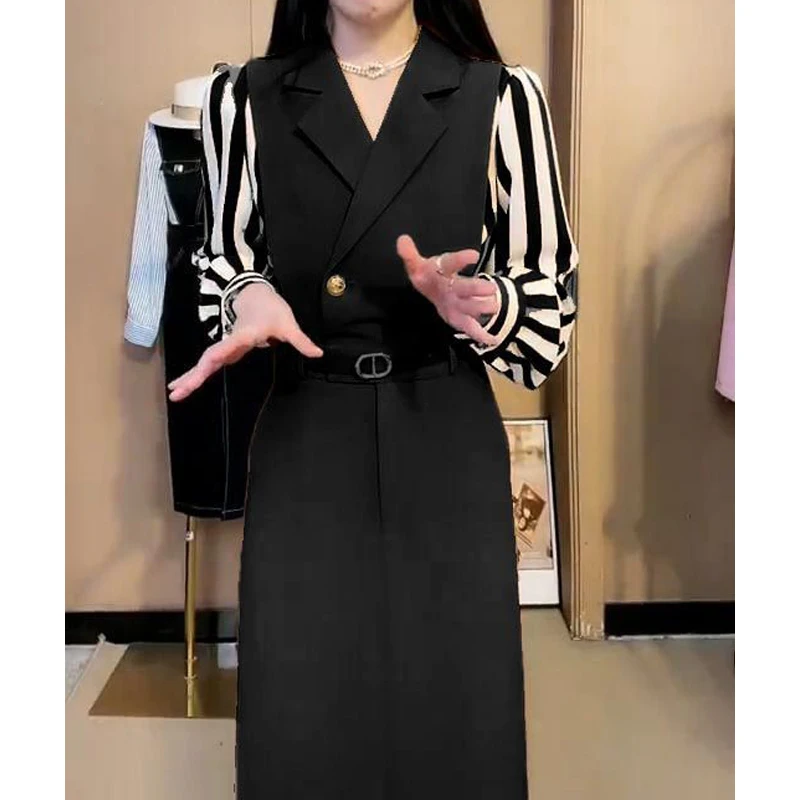 New Women Korean Fashion Elegant Striped Patchwork Fake Two Piece Dresses Vintage Office Lady Commute High Waist Slim Midi Dress