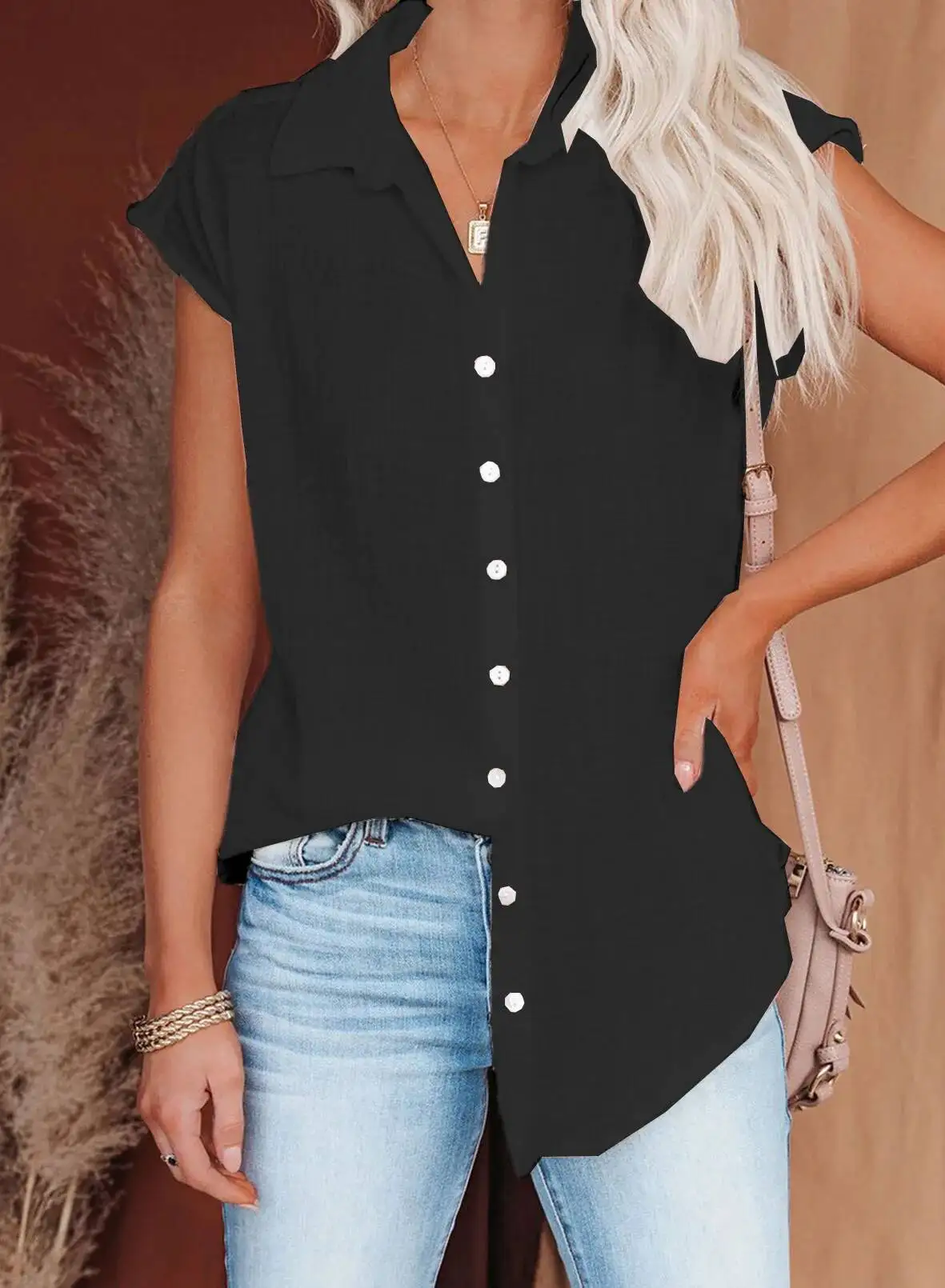 Verão feminino algodão linho camisa de manga curta botões solto tamanho grande cor sólida fina topo básico moda blusa