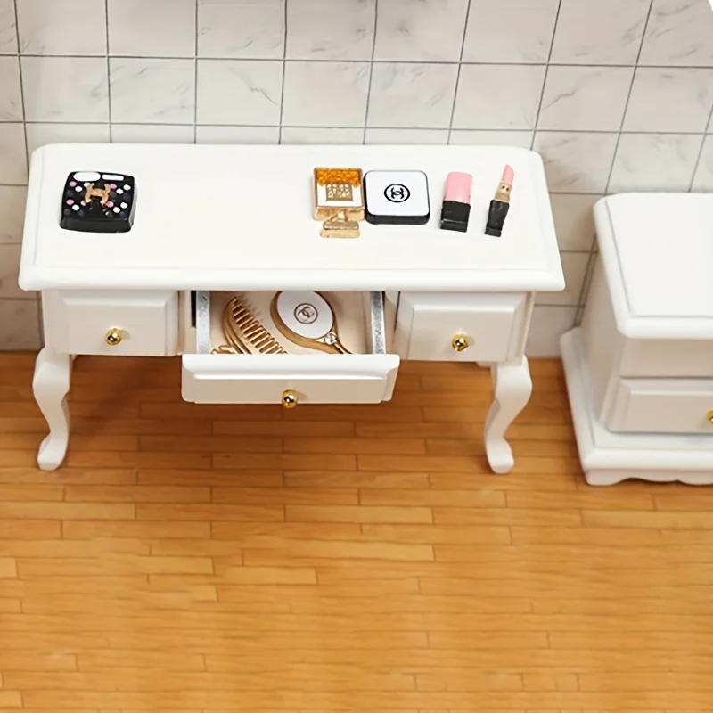 1 szt. Miniaturowy drewniany stolik boczny do domku dla lalek z szufladą, symulowany model, miniaturowa szafka do przechowywania, dekoracja, model mebla
