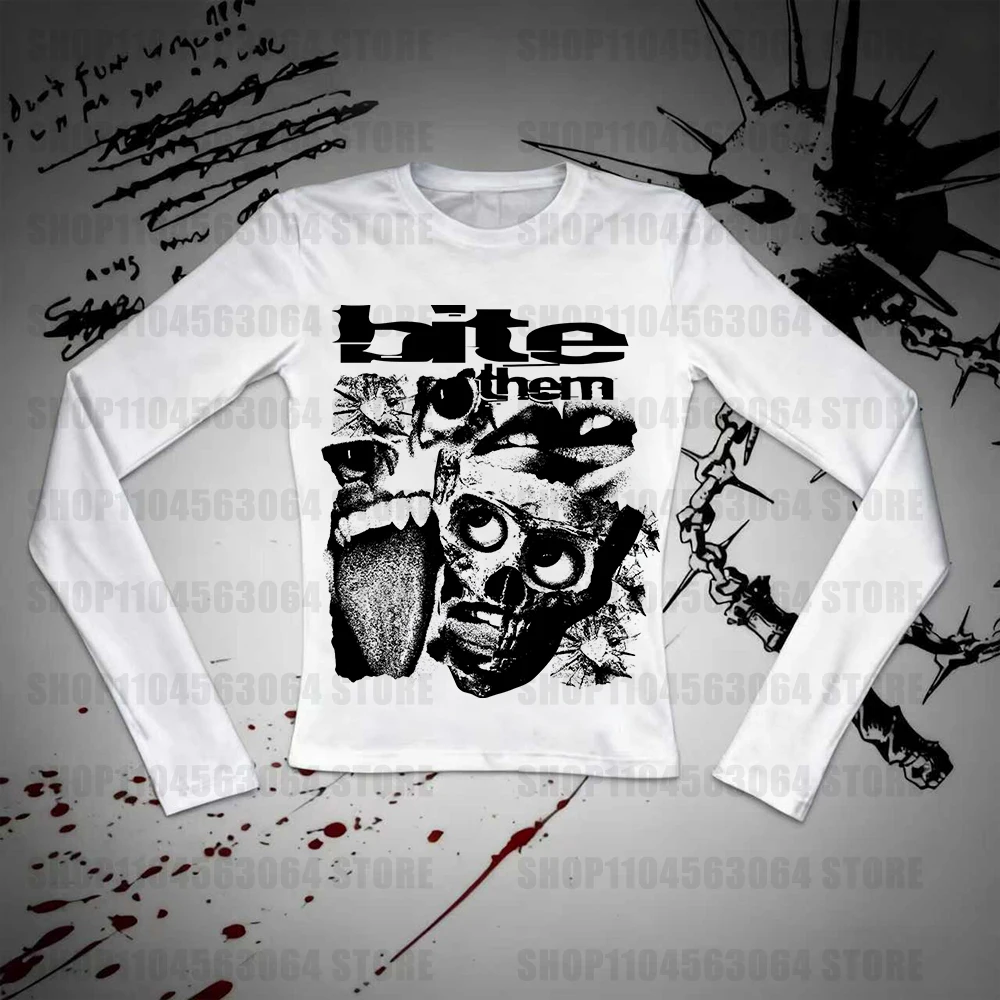 

Women's Y2K Street Long sleeve Body Harajuku Fashion Spicy Girl Casual Top Summer Retro Gothic Black Printed T-shirt Spicy Girl