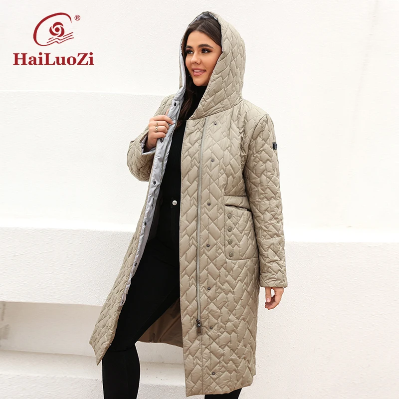 HaiLuoZi New Spring Jacket For Women 2022 Long Female Coat Warm Plus Size Parkas Fashion Belt Design Hooded Quilted Outwear 7081