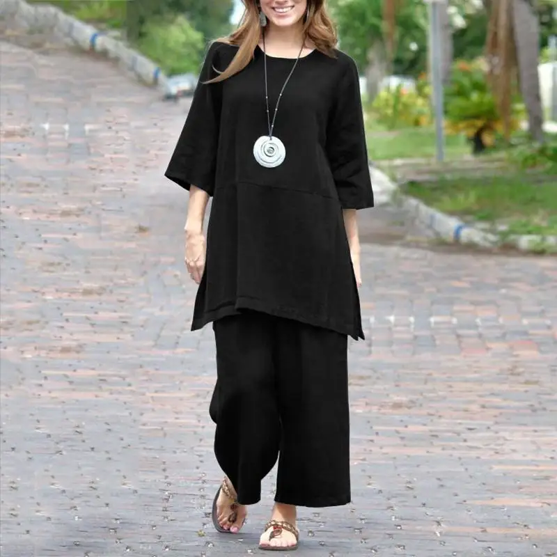 المرأة الصلبة الرجعية السراويل مجموعة القطن الكتان عارضة طويلة الأكمام فضفاضة مجموعة جديدة الصيف أزياء أنيقة مكتب عطلة مجموعات وتتسابق