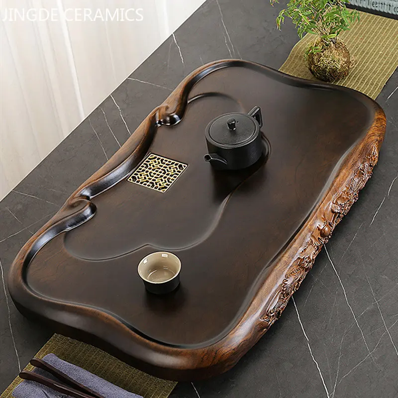 High Quality Ebony Log Tea Tray Large Size Drained Solid Wood Tea Table Decoration Chinese Living Room Tea Ceremony Tools