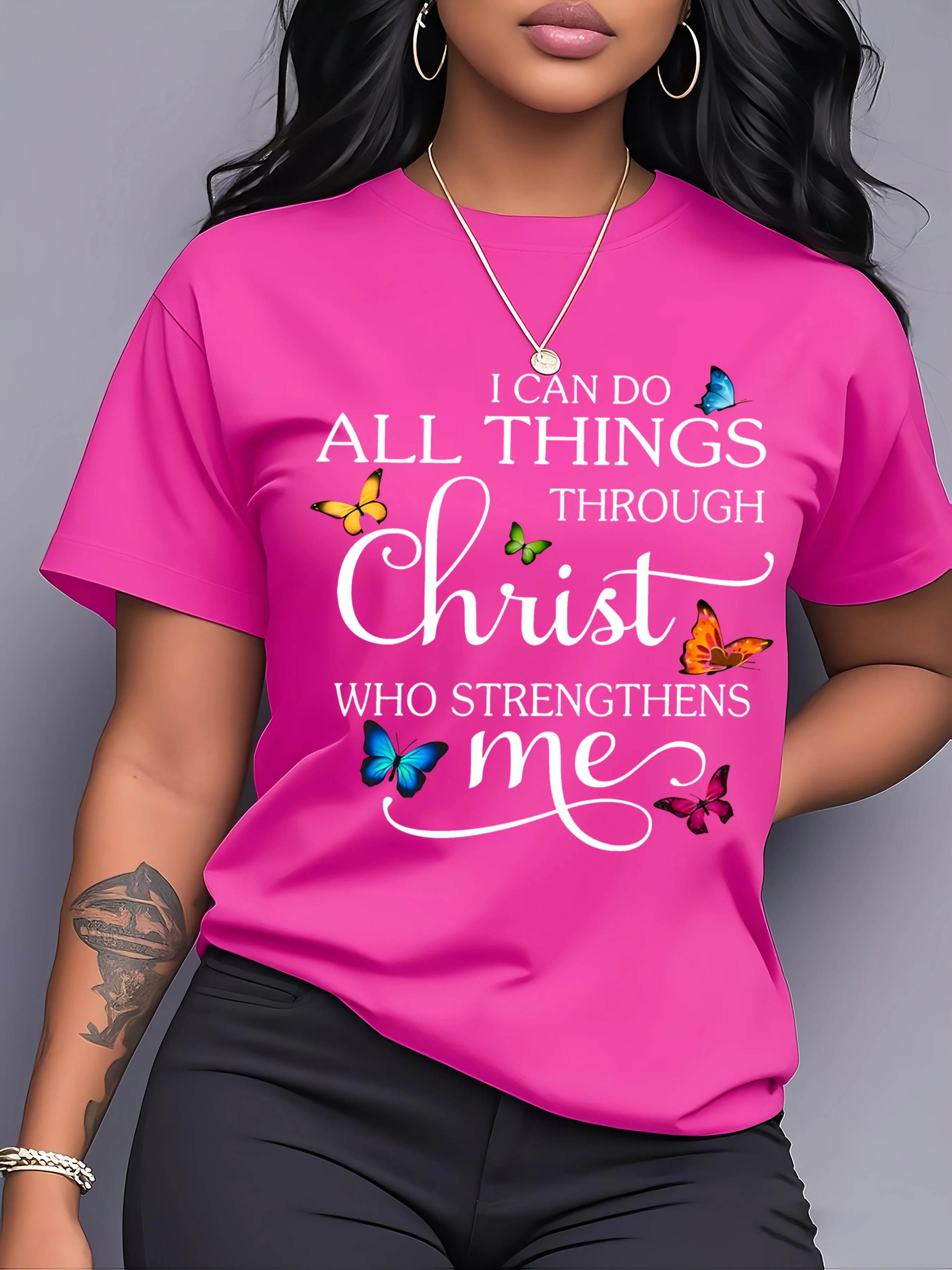 I Can Do All Things Through Christ Women's Tee - Butterfly Christian Graphic, Casual Pink Top