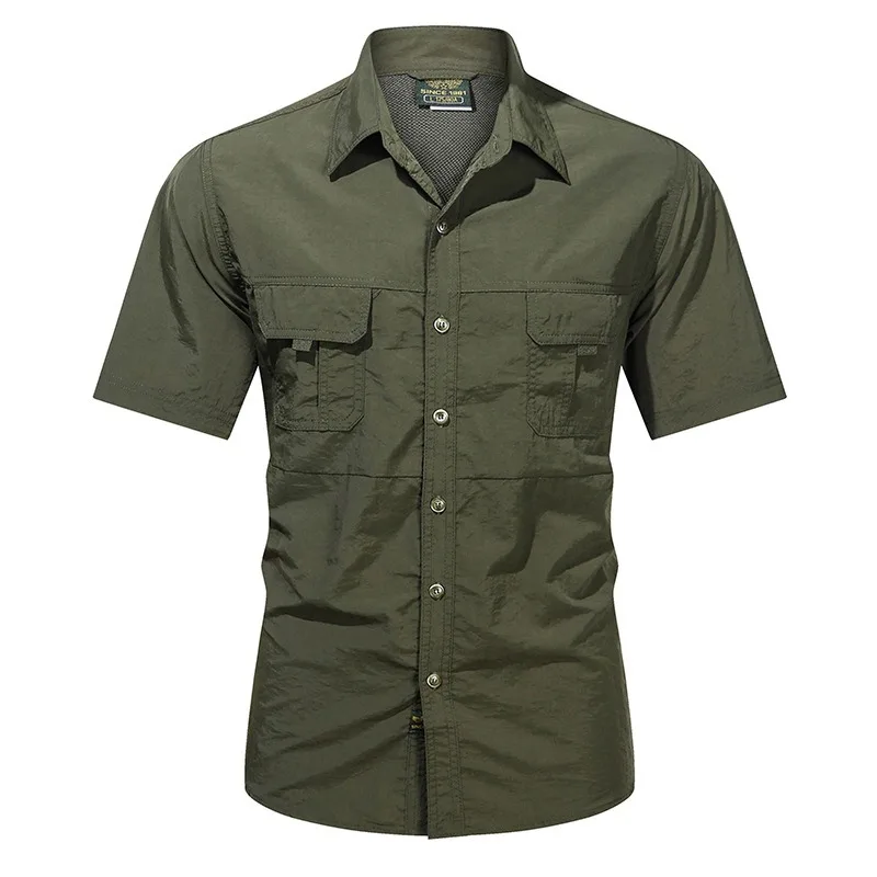 Men's Pure Cotton Wrinkle Resistant Short Sleeved Shirt with Summer Collar and Double Pockets for Outdoor Work and Leisure Wear
