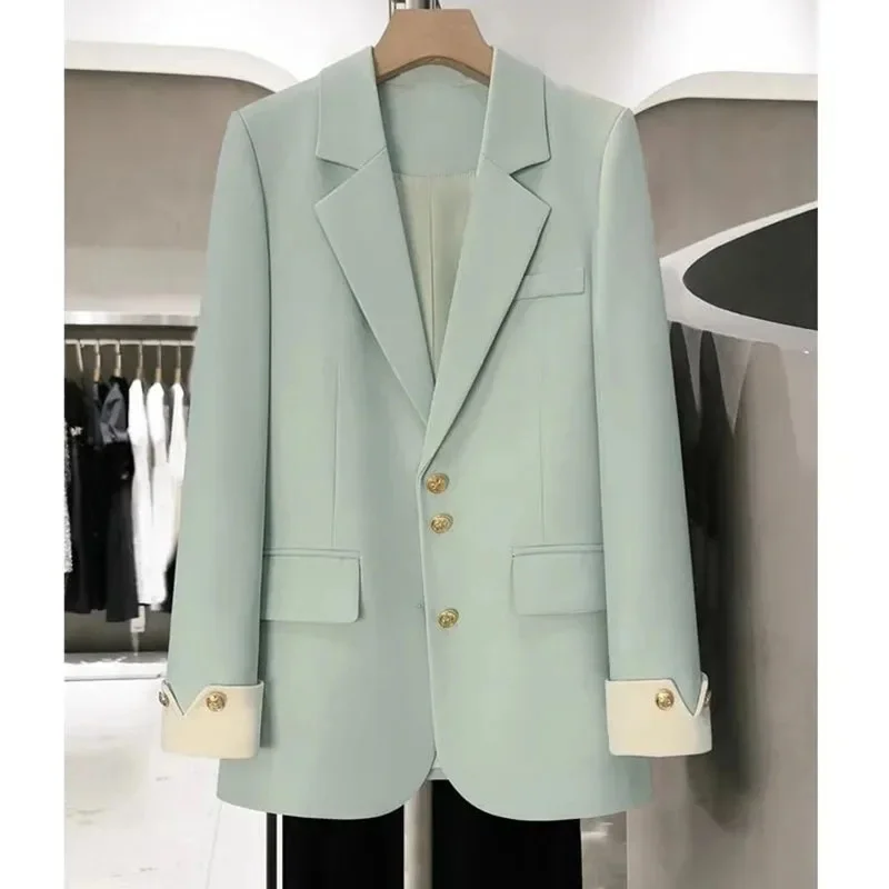 Casaco de terno pequeno de manga comprida feminino, blazer monocromático feminino, jaqueta solta feminina, tops de fivela de linha única, lazer, primavera, outono