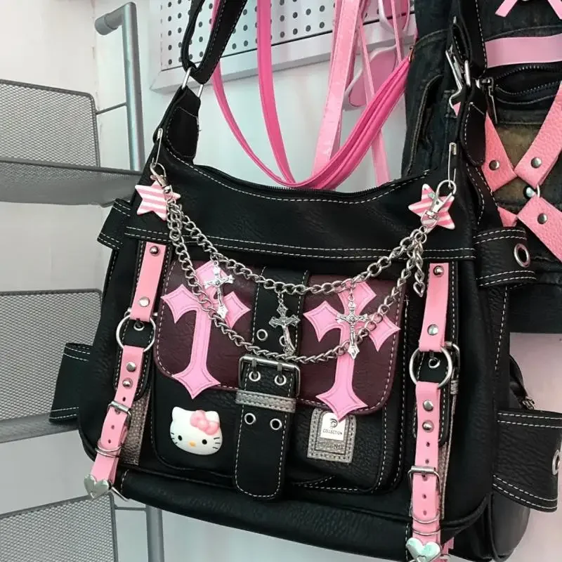 Hello Kitty Y2K Crossbody Bag Cartoon Anime Kawaii Pink Cross Print Chain Star Akcesoria Przenośna ładna dziewczyna Torebka do przechowywania