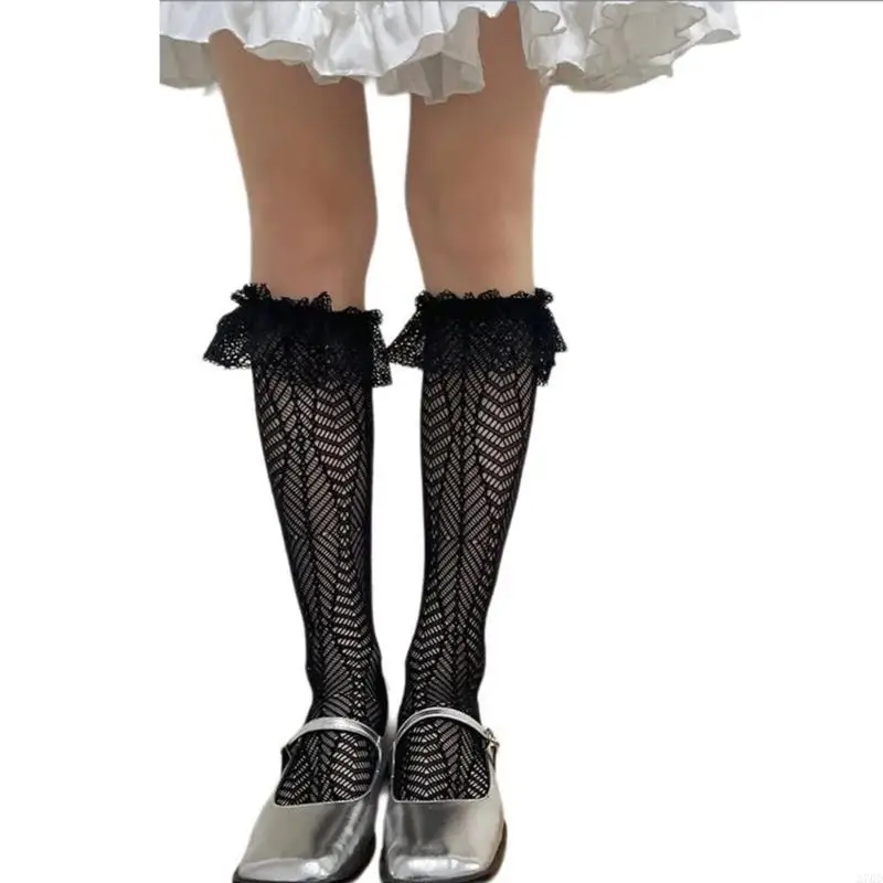 المرأة هندسية شبكة صيد السمك الفخذ العليا جورب كشكش الدانتيل فوق جوارب الركبة #3