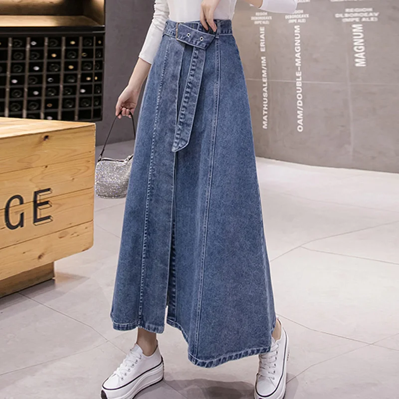 New Women Spring Summer Long Denim Skirt Fashion Patchwork Single Breasted High Waist Skirt Casual Loose Light Blue Jeans Skirt