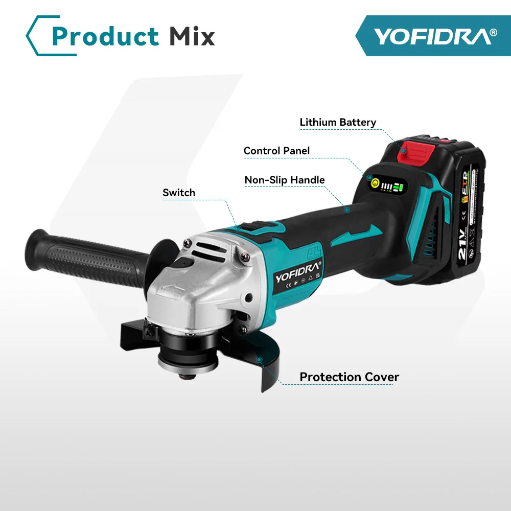 YOFIDRA 125mm Brushless Angle Grinder 4 Gear Cordless Grinding Machine Cutting Woodworking Power Tool For Makita Battery Pin