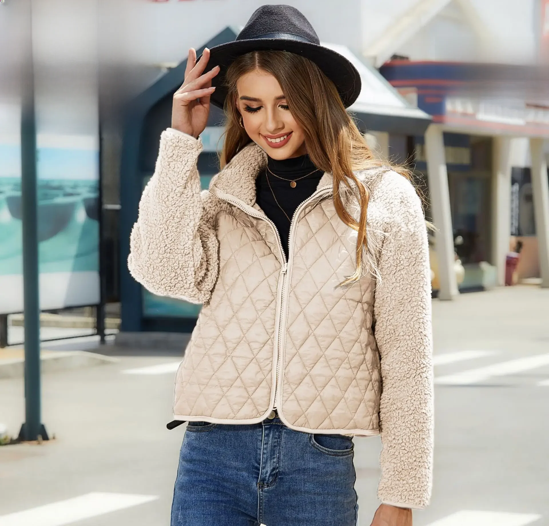 

New Winter Women Fleece Jacket Long Sleeve Zipper Up European American Style Patchwork Thick Wool Coat Warm Outerwear