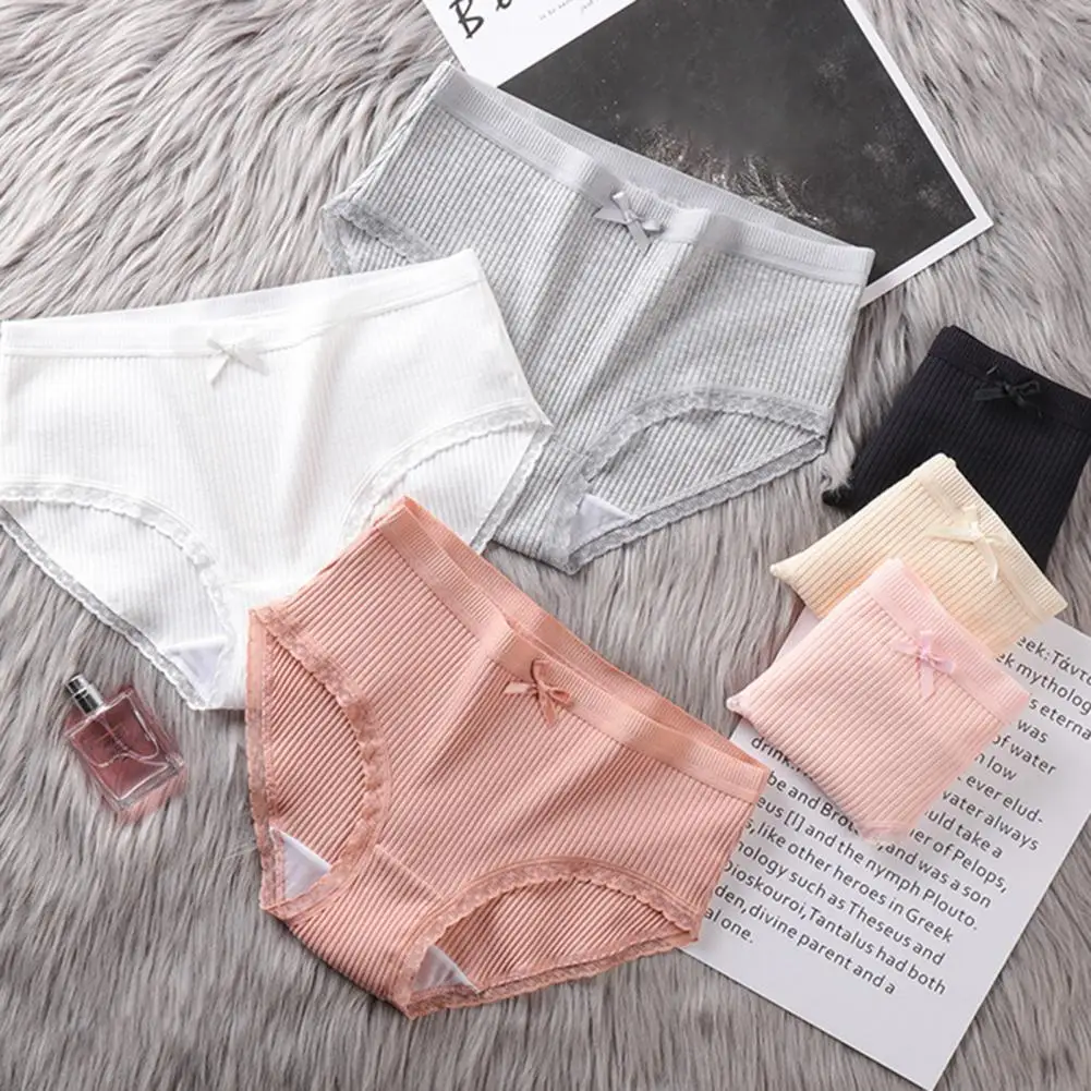 Women Panties Bow Decor Mid Waist Thread Underwear Solid Color Soft Elastic Lady Briefs Underpants Female Intimates Lingerie