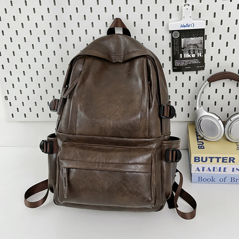 Men Women Large Capacity Leather Backpack, Vintage Soft PU Casual Travel Laptop Rucksack, Fashion Couple Commuter School Bag