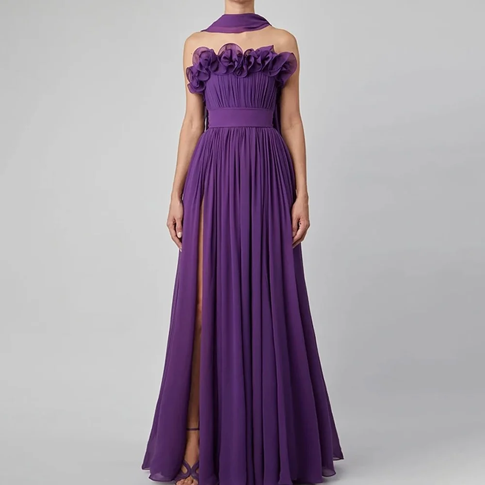 

Elegant Evening Dress Purple Strapless Pleat Chiffon A Line Evening Gowns Thigh Slit Floor Length Formal Dresses Customized