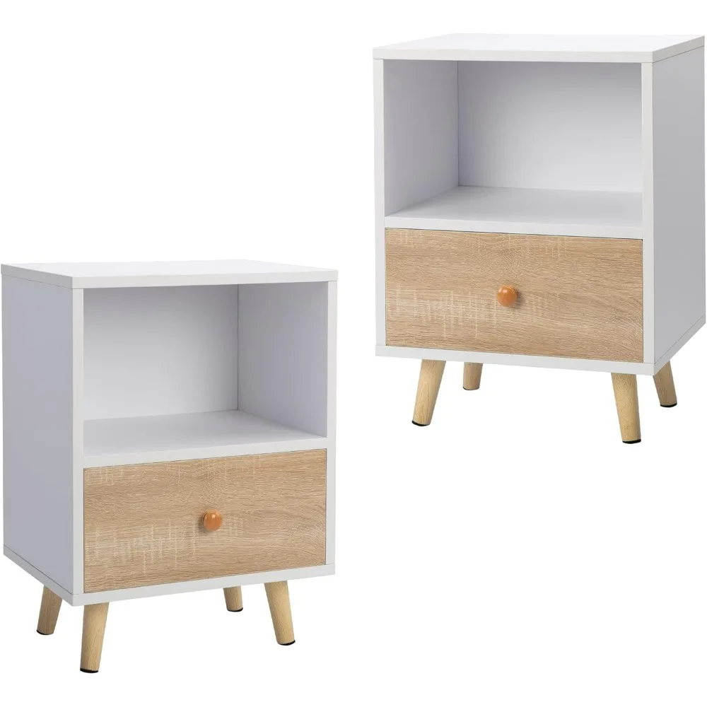 2 of Bedside Cupboard with 1 Drawer and Short Legs, End Table with Storing Shelf, Indoors, White