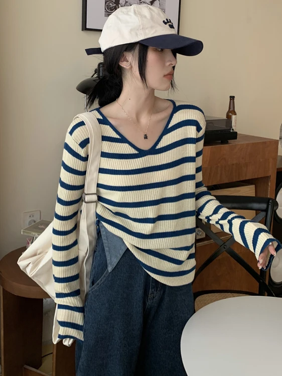 

Ретро V-Ne Long Sve Трикотаж Свободный женский базовый слой irt Color Blo Полосатый повседневный модный осенний топ