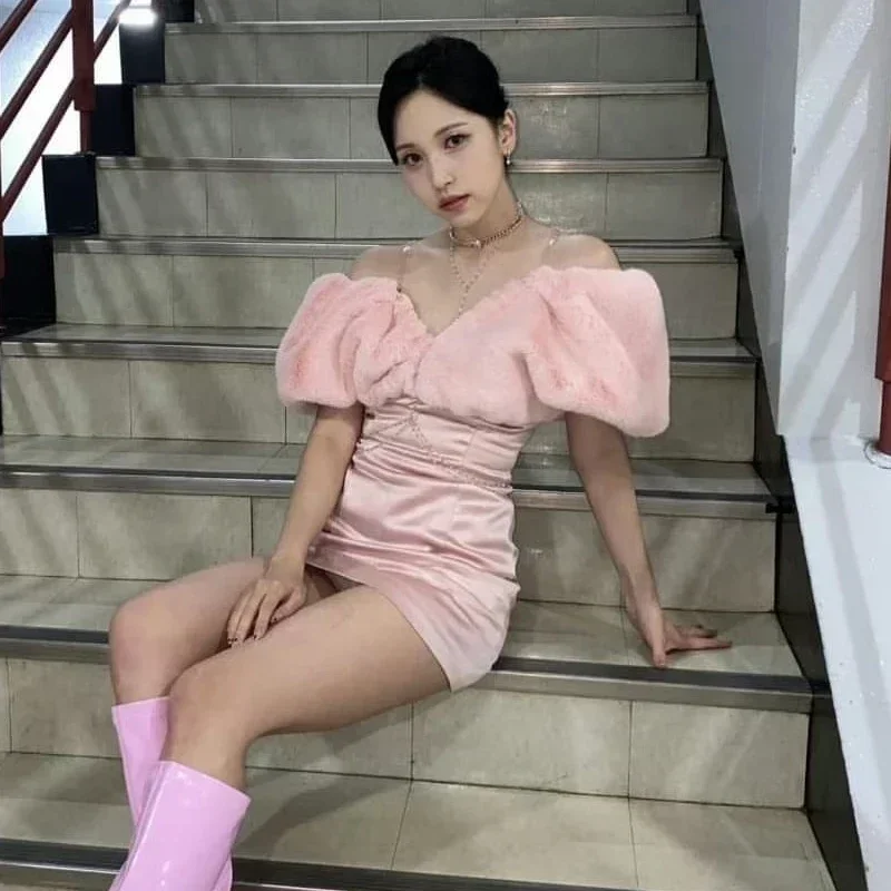 

Костюм певицы для взрослых, джазового танца, розовое меховое платье на плечах, праздничное платье, женские вечерние платья, платье Kpop, наряд DWY9744