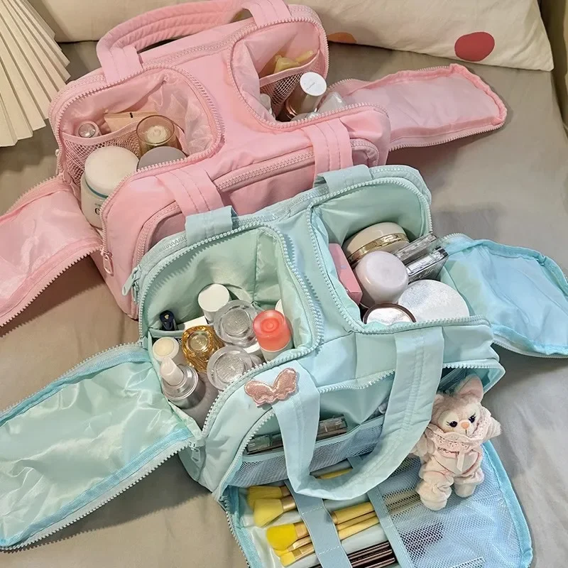Double Wide Opening Large Capacity Fluffy Makeup Bag New Handheld High End Travel Portable Grooming and Storage Bags Practical