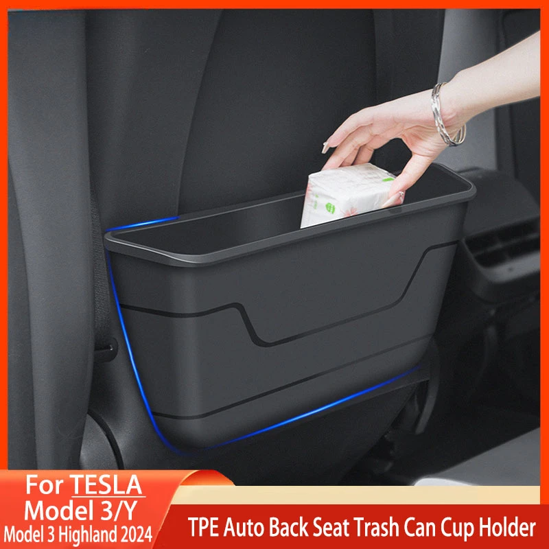 

Car Set Back Storage Box TPE Auto Back Seat Trash Can Waterproof Cup Holder Accessories For Tesla Model 3/Y Model 3 Highland