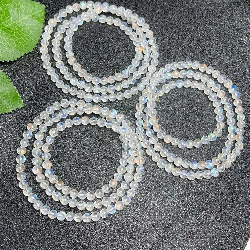 Natural Madagascar Moon Stone Triple Circle Bracelet Handmade Fortune Energy Bangle Mineral Woman Amulet Jewelry Gift 1PCS 4/5MM