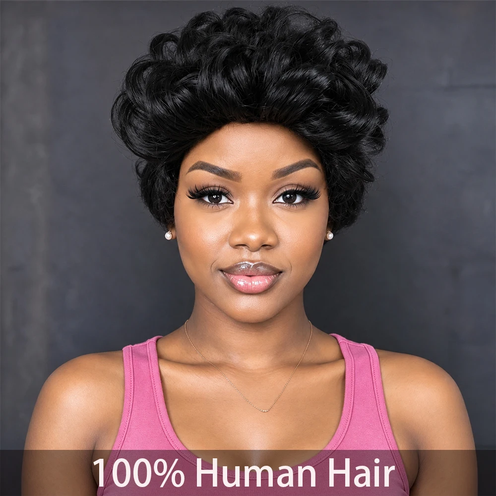 Pixie Cut Human Hair Wig with Curls Chic Short Human Hair Wigs for Women Color 1B Wigs Brazilian Remy Human Hair Full Machine Made