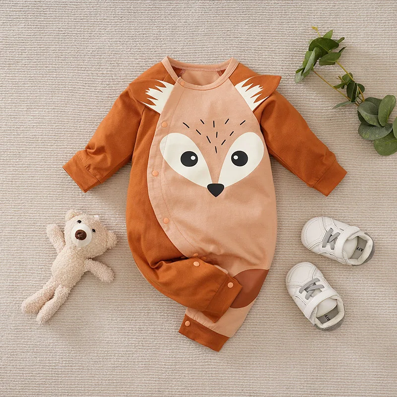 Spring And Autumn Newborn Boys And Girls Cute Cartoon Fox 3d Printed Cotton Comfortable Long Sleeved Baby Bodysuit