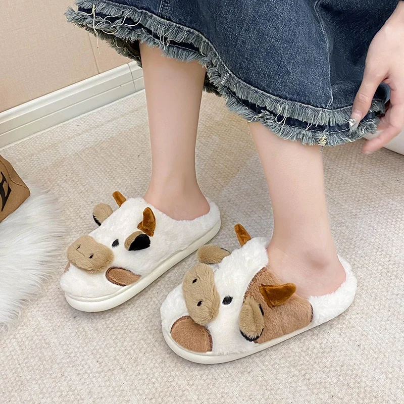 New Winter Unisex Cartoon Cow Warm Plush Slippers Couple's Indoor  House Slides Men And Women Toe Wrap Home Cotton Shoes