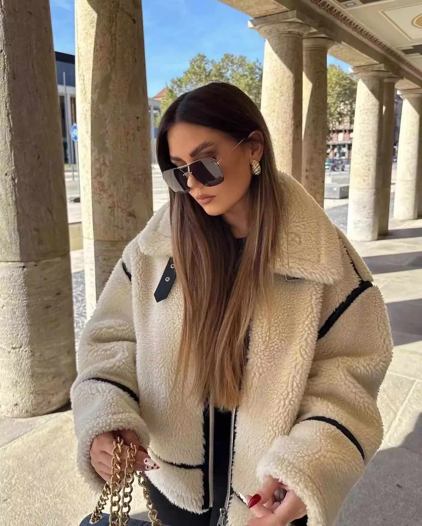 Ladies 2024 new thick warm fashion loose matching color all matching lamb velvet coat deerskin velvet lining jacket