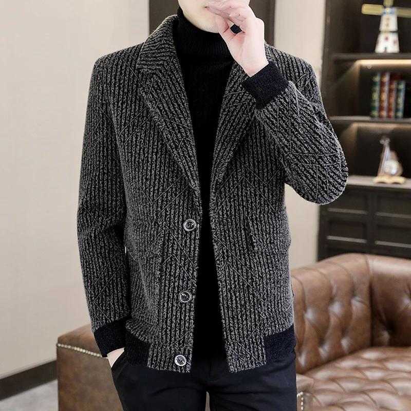 Winter Wool Blends Jackets Men Thicken Keep Warm Coats Fashion Lapel Striped Casual Business Trench Coat Streetwear Overcoat