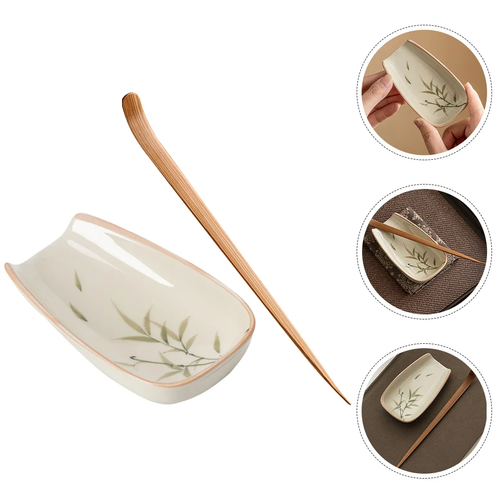 

Ceramic Tea Set Coffee Bean Holder Container Ceremony Accessories Leaf Spoon Wood Scoops for