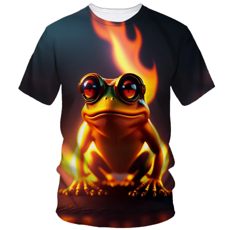 Frog Print Boy T-Shirt Hip Hop Funny Cartoon Animal Creative Short Sleeve Sunny Handsome Casual Comfortable O-Collar Neutral Top