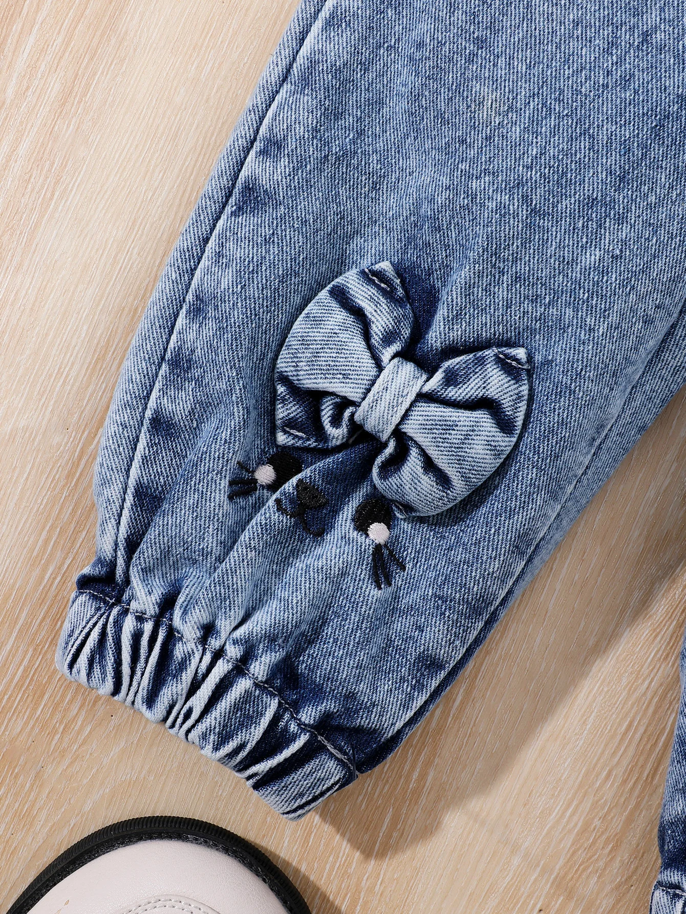 Girls jeans baby children four seasos fake pocket embroidered cat bow foot edgeekastuc dark blue