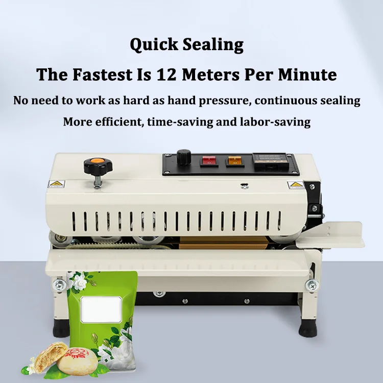 Máquina de sellado automático sellador continuo automático de papel Kraft PE bolsa transparente velocidad ajustable fecha de impresión papel de aluminio 6-12mm