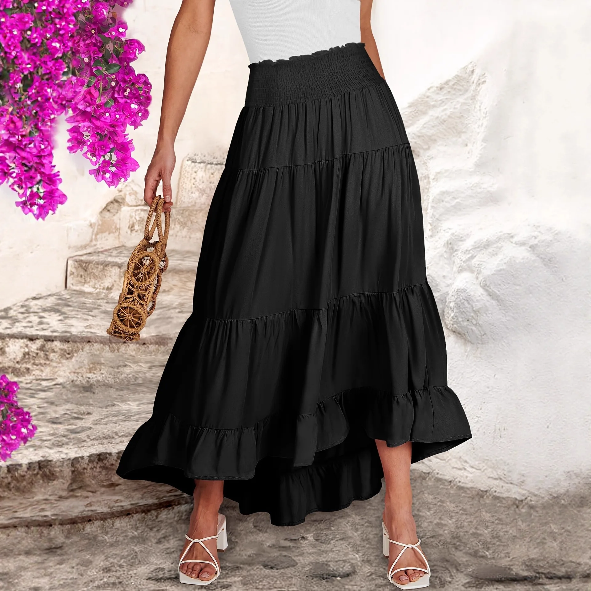 

Summer Solid Color Ruffle Irregular Embracing High Waist Skirt Beach Vacation Skirt