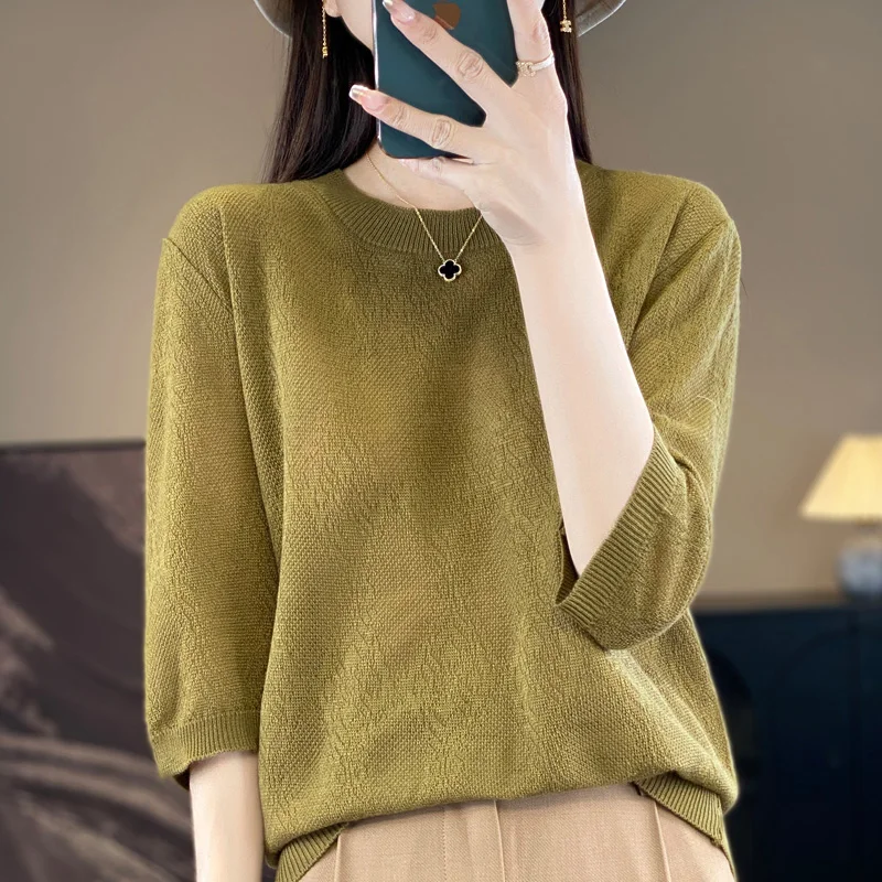 Round Neck Imitation Wool Half Sleeved Women's New Summer Thin Solid Color Fashionable Basic Style Pullover Knitted T-Shirt Top