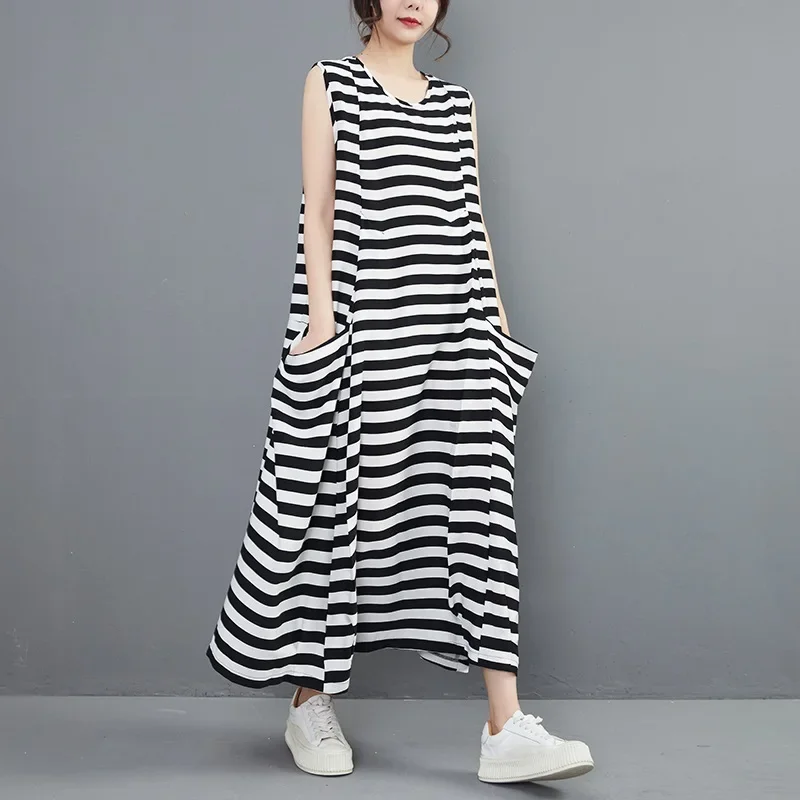 sleeveless vintage stripe new in dresses for women casual loose long summer dress elegant clothing 2025
