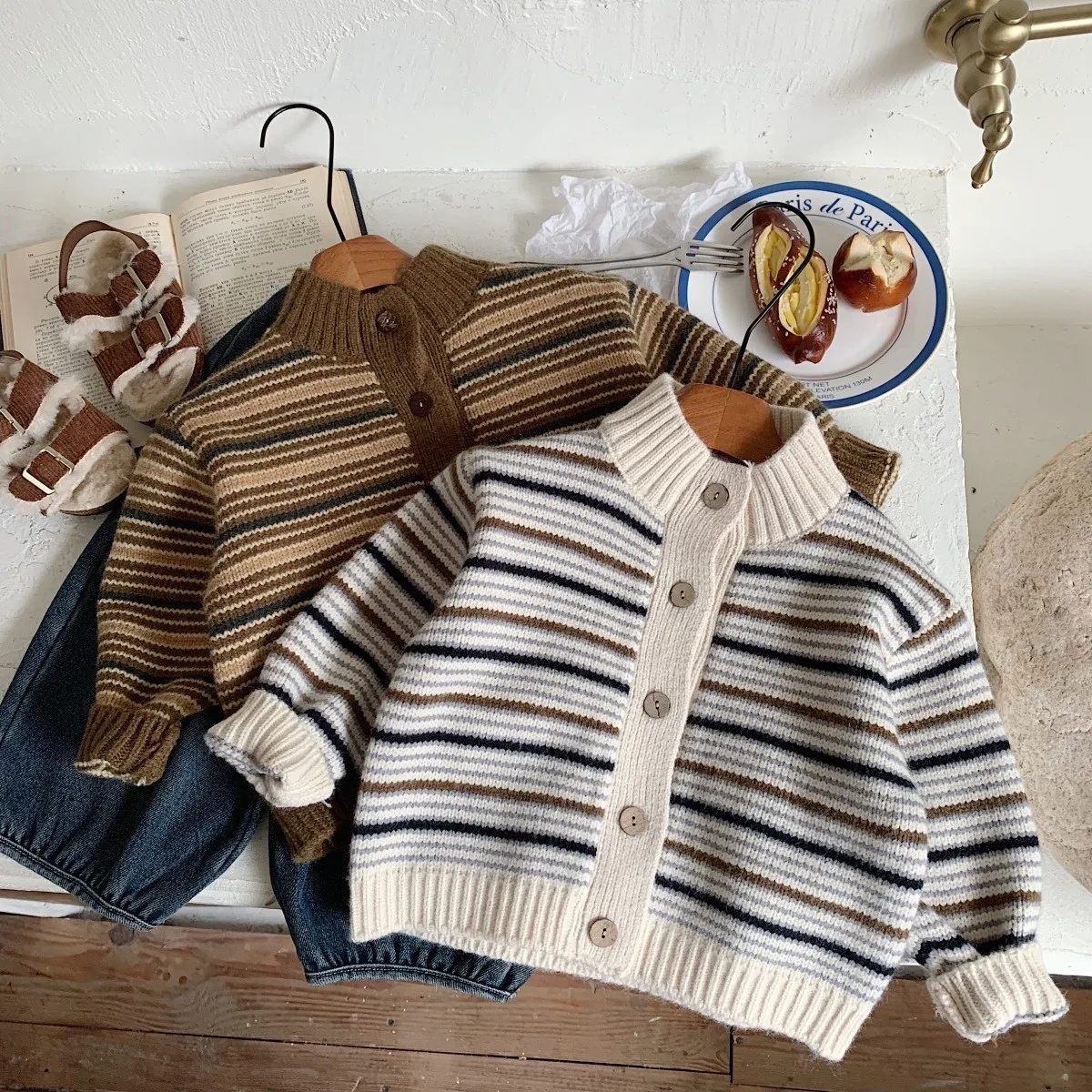 

Children's Sweater Jacket Spring and Autumn Boys' Round Neck Top New Baby Knitted Sweater Striped Thin Cardigan