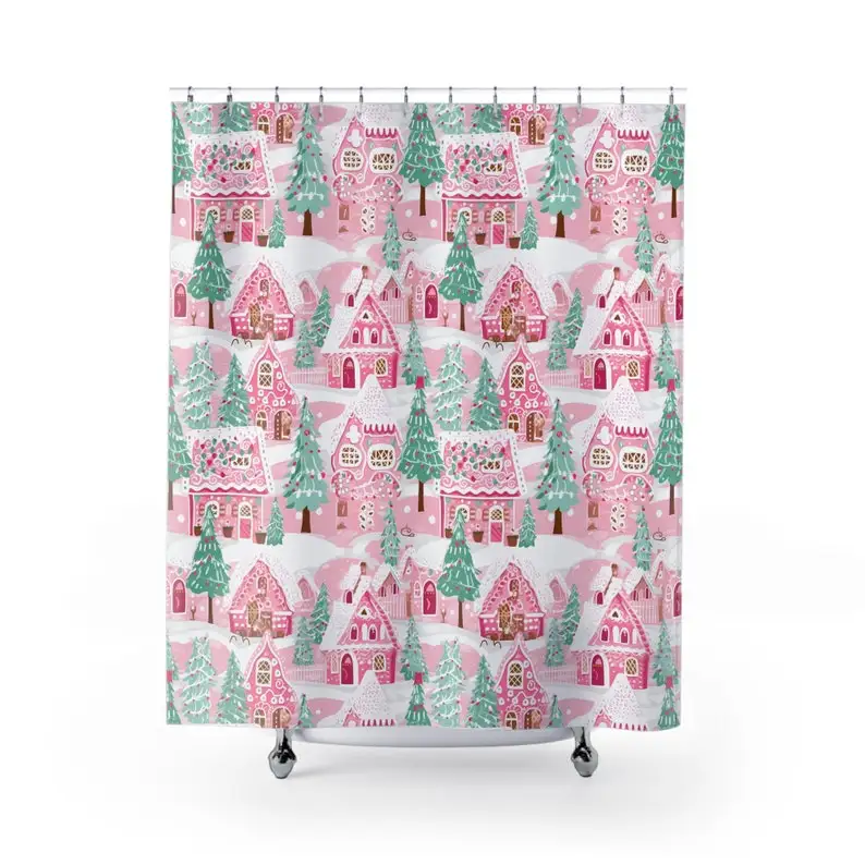 New in 2026 Preppy Pink Gingerbread House Shower Curtain, Gingerbread Shower Curtain, Pink Shower Curtain, Pink Christmas Shower Curtain, Bathroom Decor