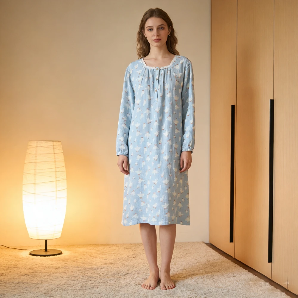 

Plus Size 3XL 4XL 5XL NIghtgown Newest Women Long Sleeve Nightdress Female 100% Cotton Double-layer Gauze Nightwear Sleepdress