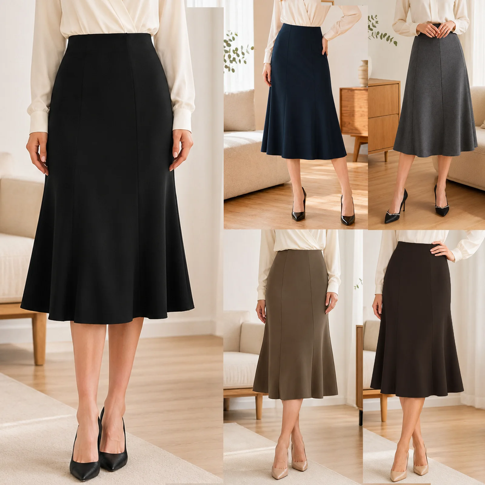 Women's Black High-Waisted A-Line Midi Skirt, Elegant Office Wear Flared Skirt with Structured Waistband