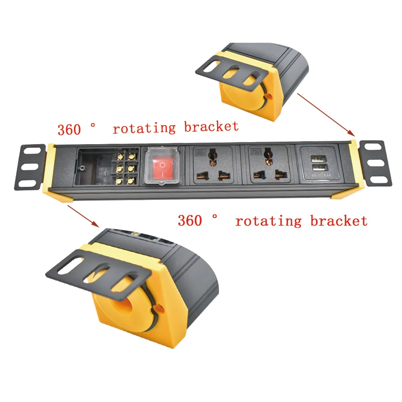 PDU cabinet socket aluminum alloy shell can rotate 360 ° bracket 1-9AC, with double break switch 2USB wireless