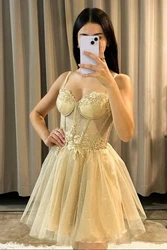 Tulle Spaghetti Straps Sweetheart Homecoming Dress for Teens Sheer Corset Lace Appliques Prom Gowns A-line Short Graduation Gown